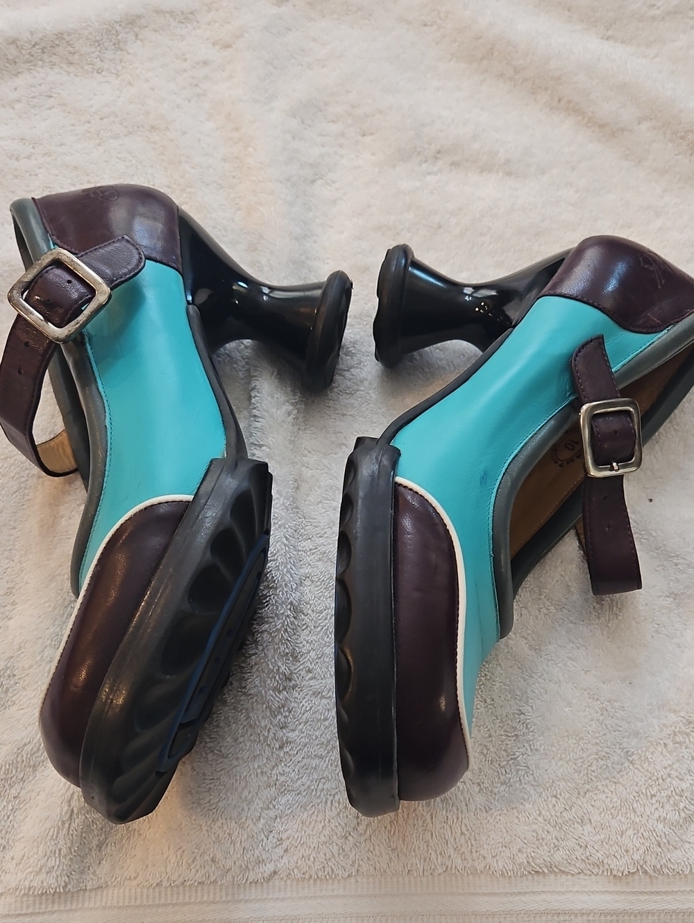John Fluevog Aqua & Purple Mini gorgouse Mary Jane Heels Sz 10 - Picture 4 of 9